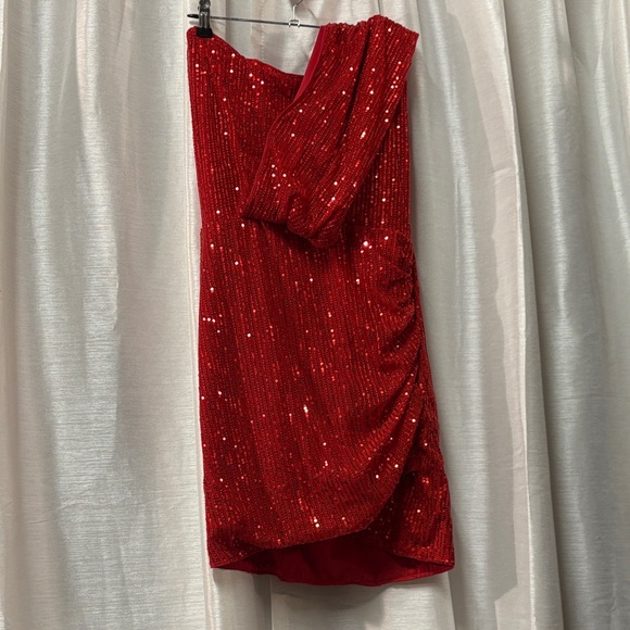 Shein Red Sequin One Shoulder Ruched Bodycon Mini Dress size L - Picture 3 of 11